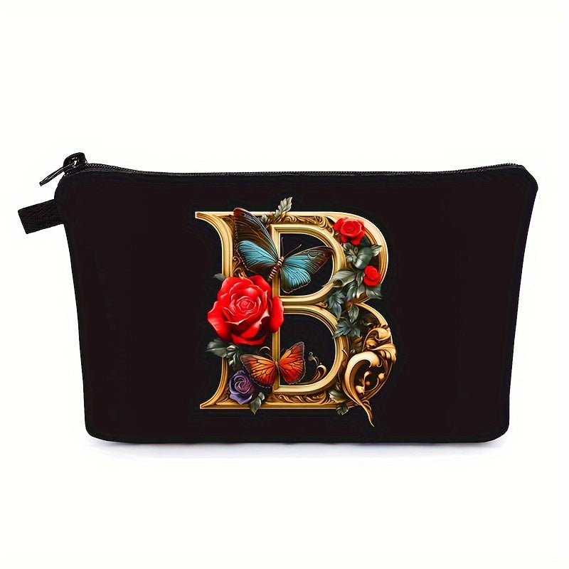 Bolsa de maquillaje negra para mujer con patrón de mariposas y flores para organizar los esenciales de belleza