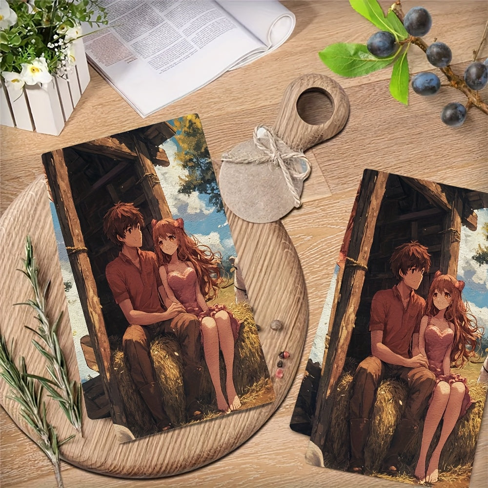 Set of 2 Ultra-Soft Kitchen Towels Anime Couple Heart Hay Bale Farm Absorbent 40x60 cm