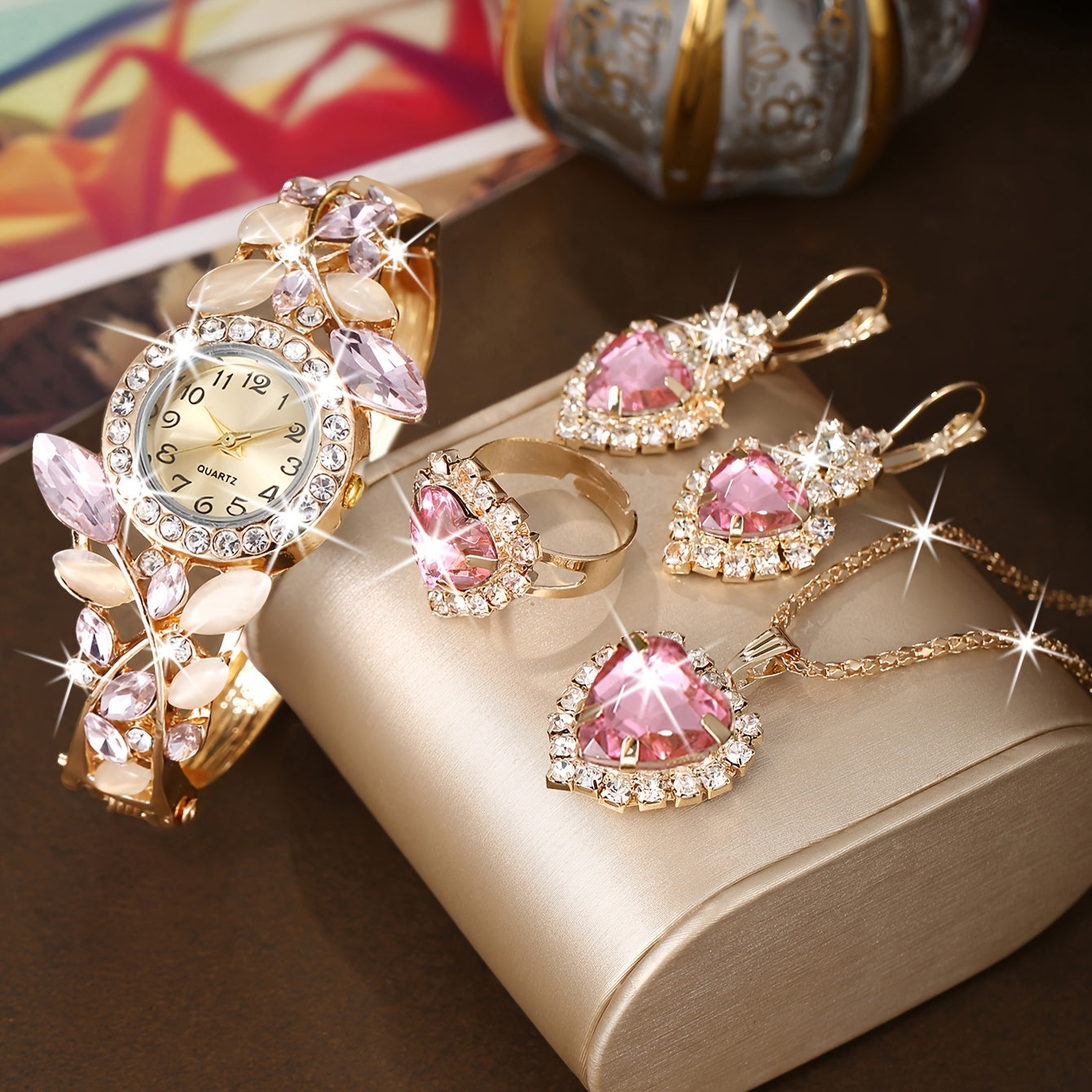 Women's Quartz Watch with Pink Gemstones and Rhinestone Jewelry Set