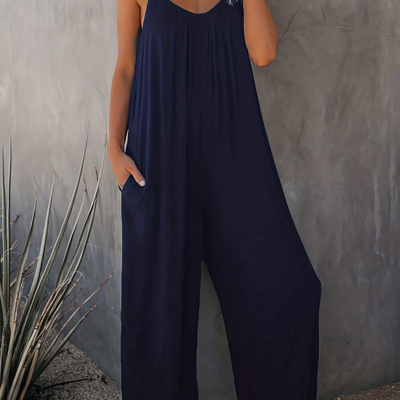 Plus Size Women Solid V Neck Wide Leg Summer Cami Jumpsuit