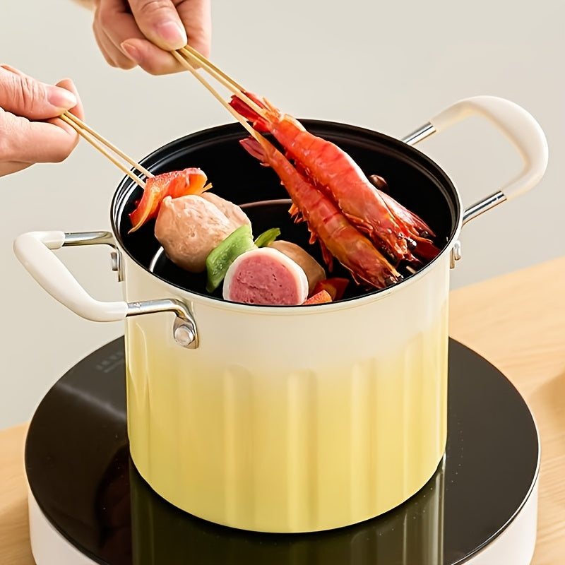 Ko‘p maqsadli qovurish uchun zanglamaydigan po‘latdan yasalgan filtrli yuqori samarali chuqur qovurish moslamasi, elektr va gaz plitalari uchun ideal. Frantsuz kartoshkasi, tovuq va sho‘rvalar uchun ajoyib. Mustahkam konstruktsiya.