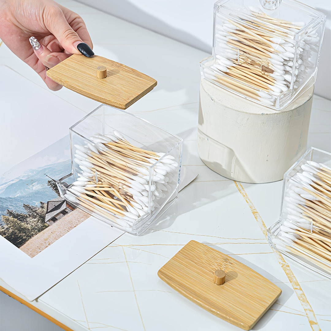 Acrylic Bathroom Storage Box with Bamboo or Plastic Lid for Cosmetics and Accessories