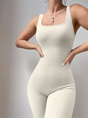 Women's Ribbed Solid Color Sports Jumpsuit High Elastic Yoga Bodysuit Activewear