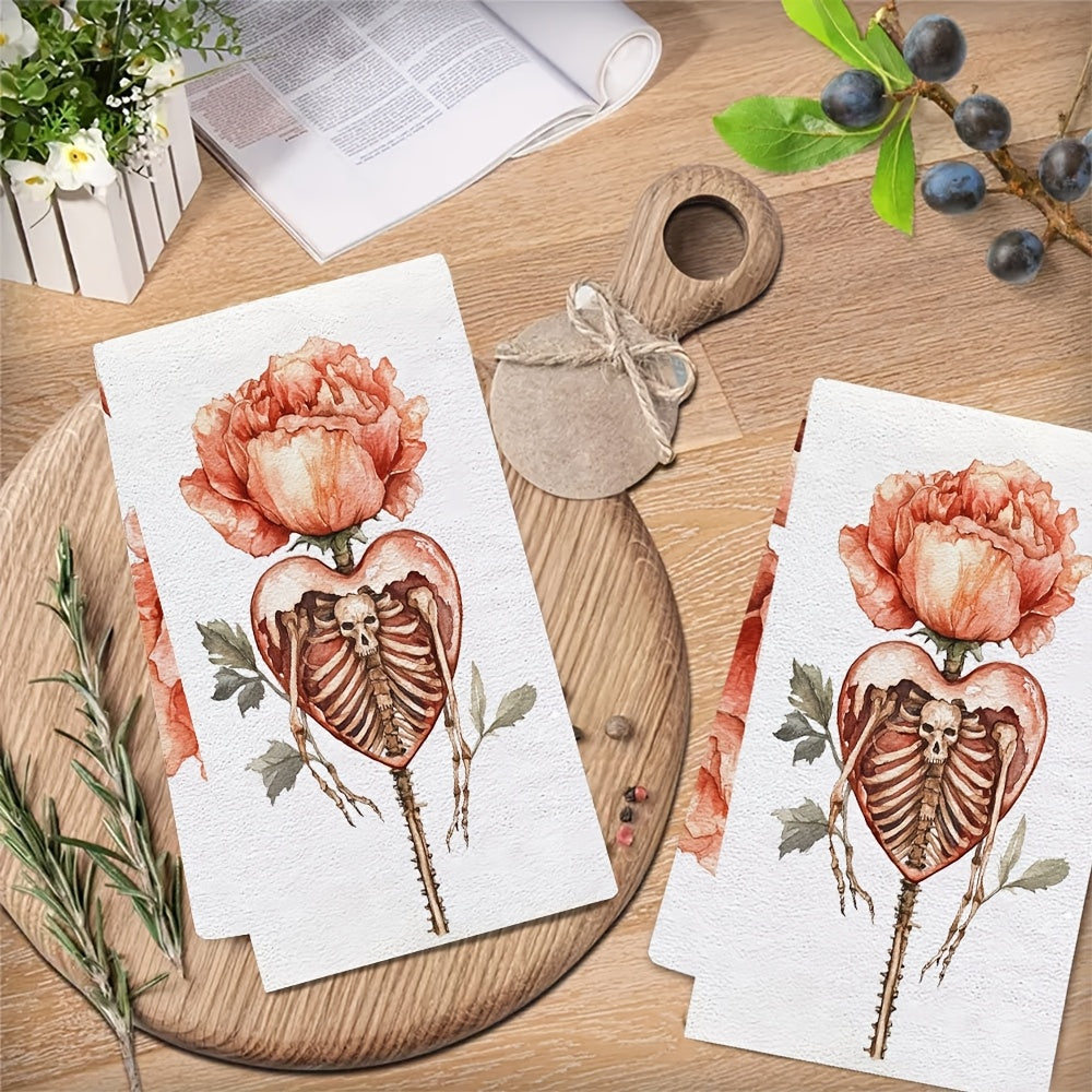Set of 2 Ultra Soft Kitchen Towels Valentine’s Skeleton Heart Floral Absorbent