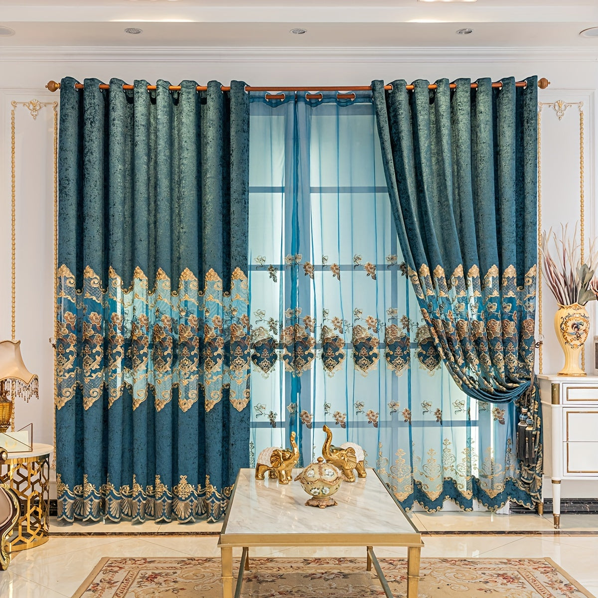 European-Style Thick Embroidered Curtains with Chenille Floral Designs and Translucent Yarn Finish for Living Room and Bedroom