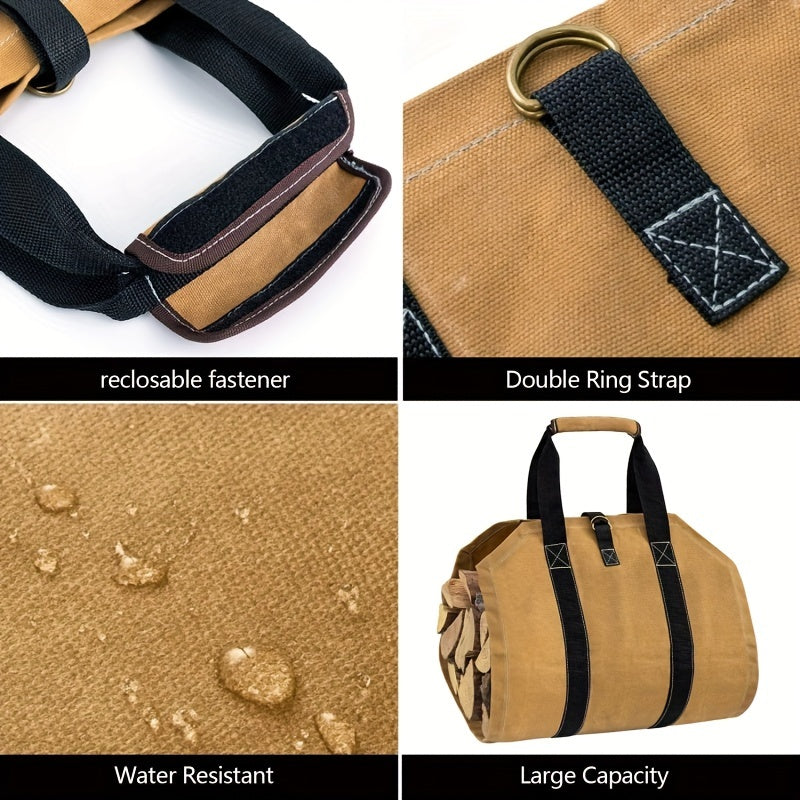 Canvas Firewood Carrier Bag with Ergonomic Handles for Fireplaces and Stoves