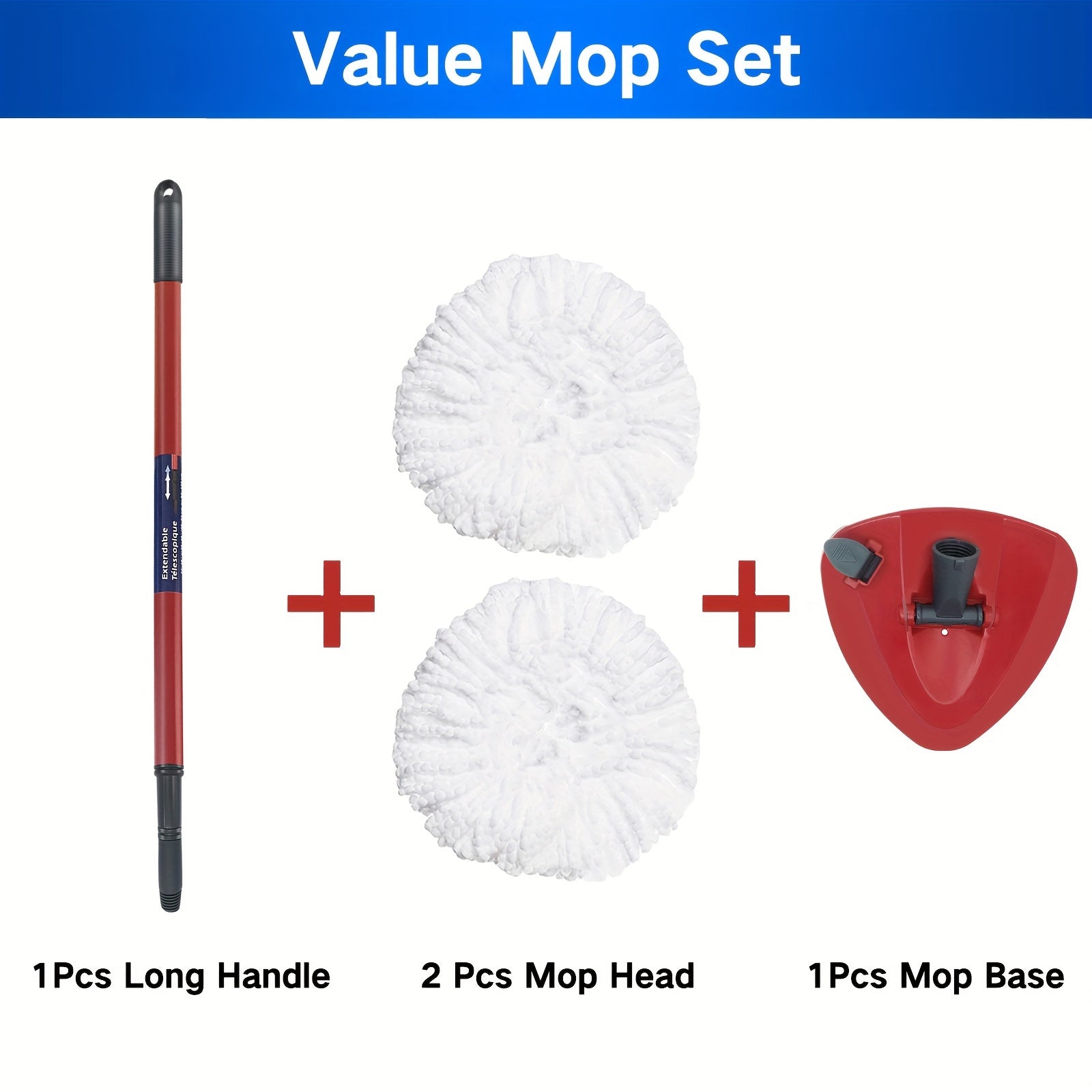 Mop Replacement Parts Set with Microfiber Heads and Adjustable Handle for Spin Mop System
