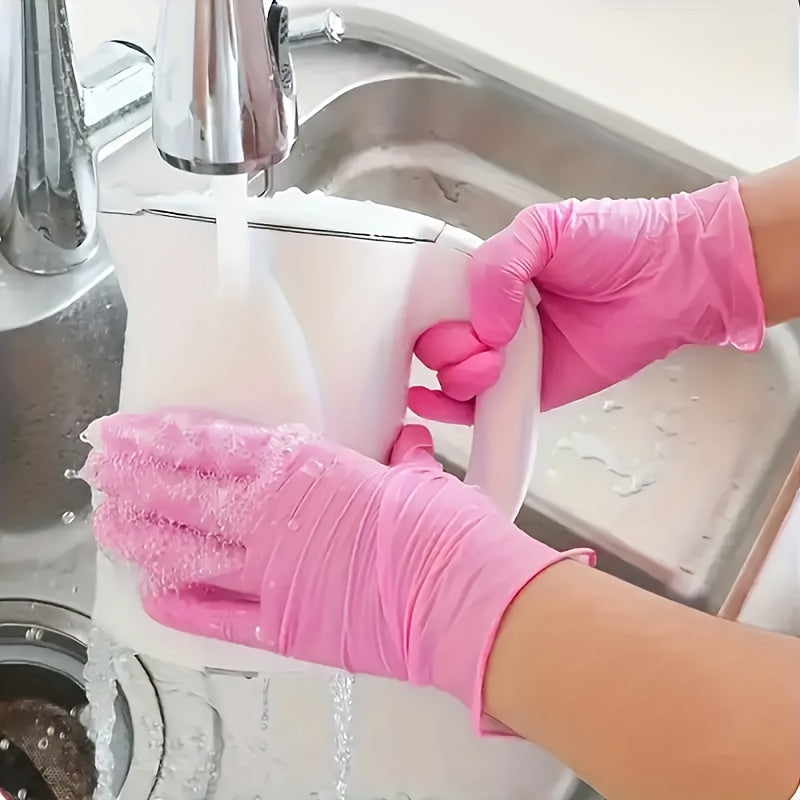 Одноразовые светло-розовые нитриловые перчатки для уборки дома, покраски волос, рисования и обработки пищевых продуктов. Доступны в упаковках по 20, 50, 100, 150 и 200 штук. Идеально подходят для одноразовой одежды.