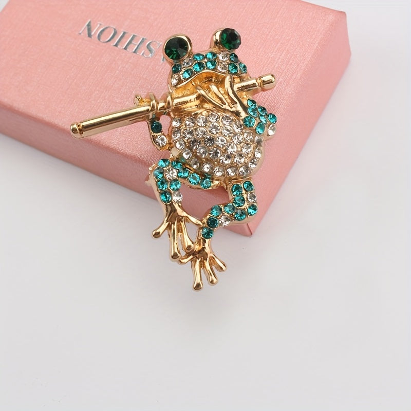 Women's Rhinestone Frog Brooch with Flute Jewelry Accessory