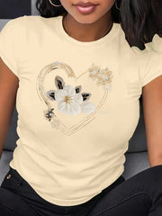 Plus Size Women's Floral Heart T-Shirt Breathable Polyester Short Sleeve