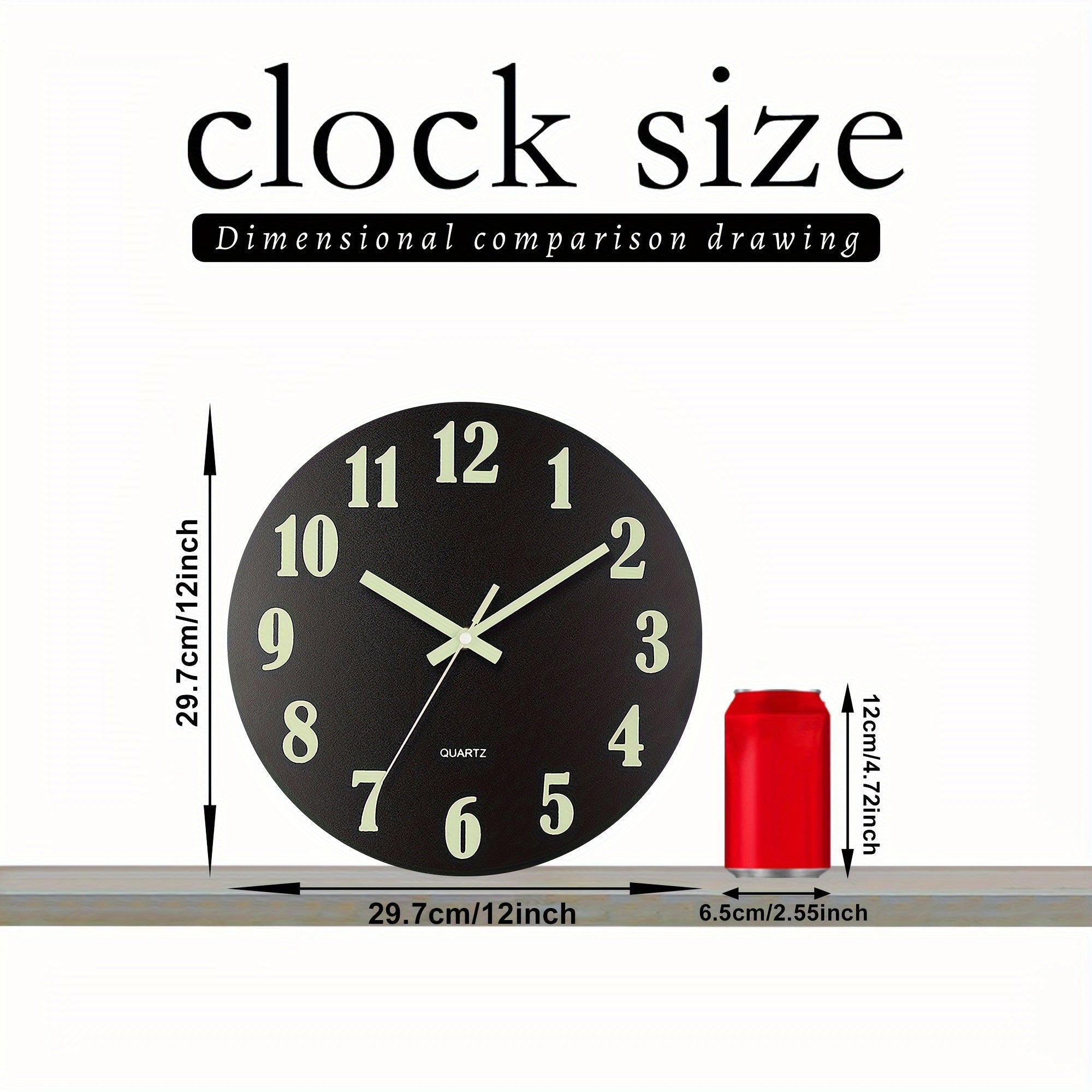 Black Glow-in-the-Dark Wall Clock with Retro Design and Silent Movement