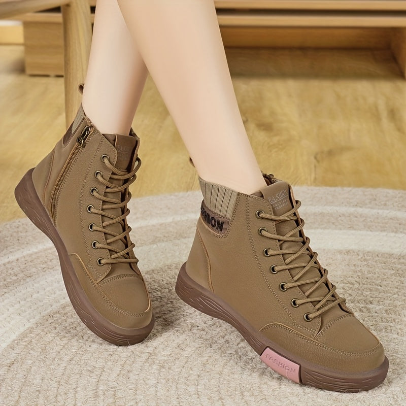 Women's Brown Faux Leather Lace-Up Boots Non-Slip Casual Formal