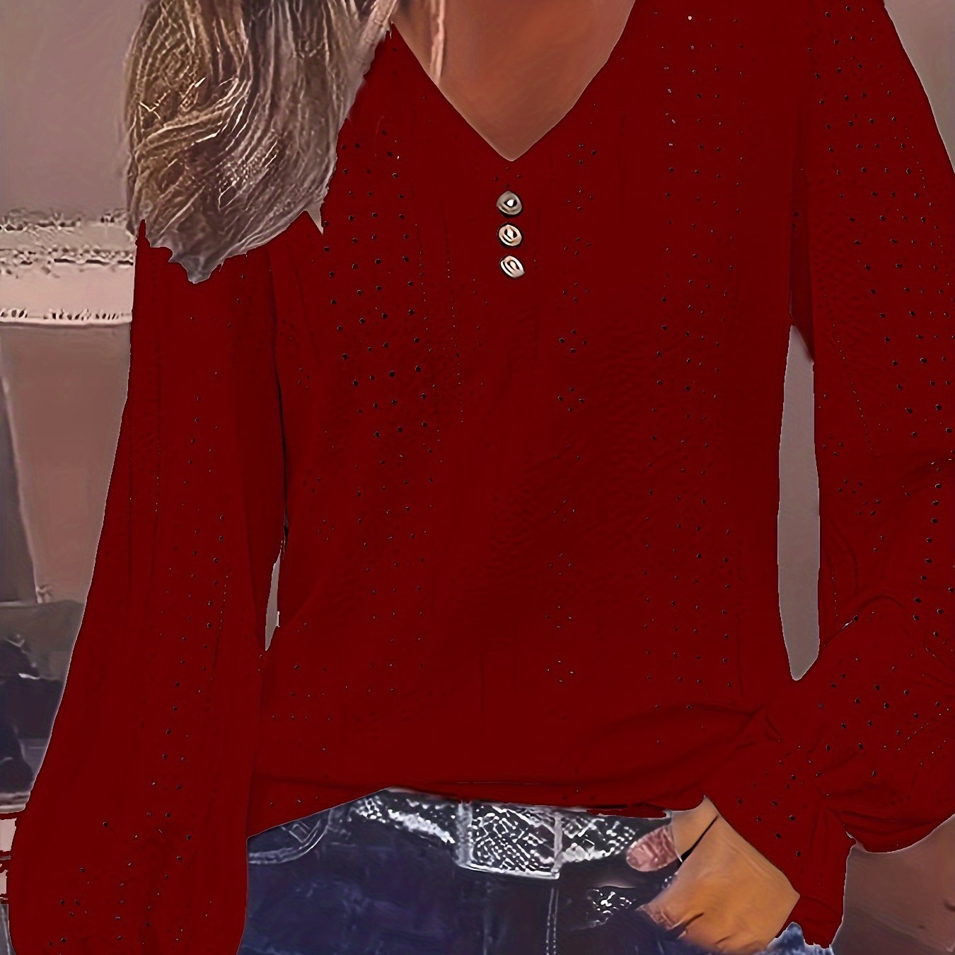 Plus Size Eyelet Button Decor T-Shirt Casual V Neck Long Sleeve Top