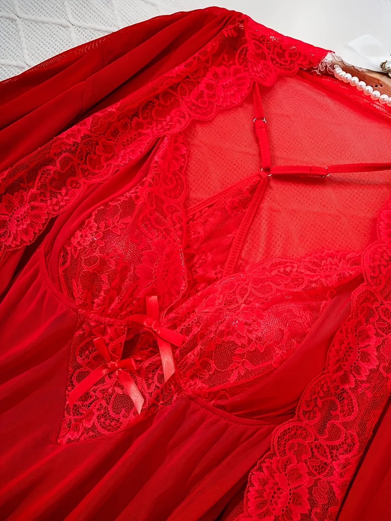 Red Semi-Sheer Lace Garter Lingerie Set for Women