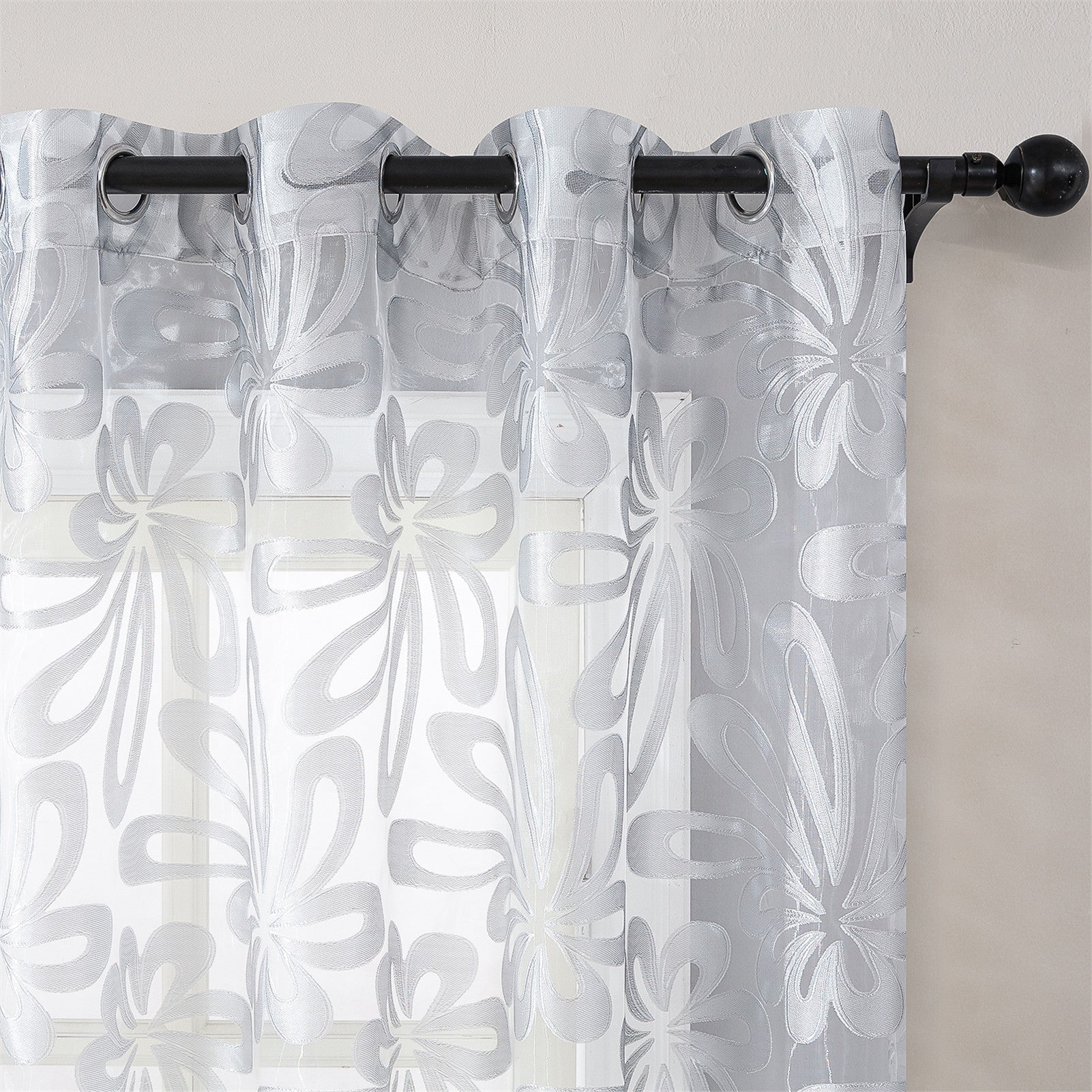 Geometric Sheer Curtain Panel Brown White Floral Jacquard Lightweight Polyester