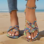 Plus Size Women's Bohemian Geometric Print Slip-On Sandals Open-Toe Summer Shoes