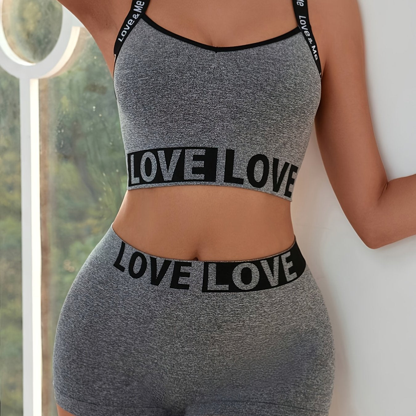 Women’s Loungewear Set Love Letter Crop Top High-Waisted Shorts Seamless Tummy Control Nylon