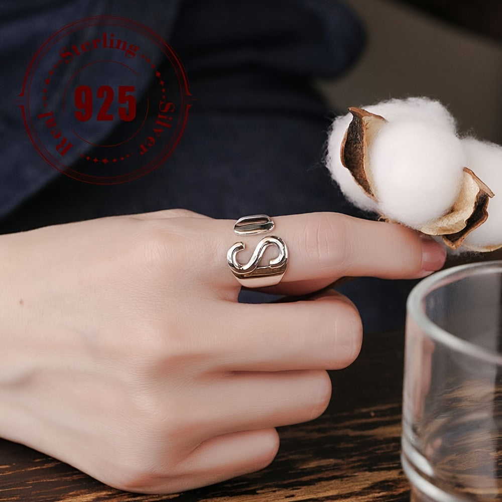 Sterling Silver 925 Wide Band Ring with Letter S Japanese Korean Fashion Everyday Wear