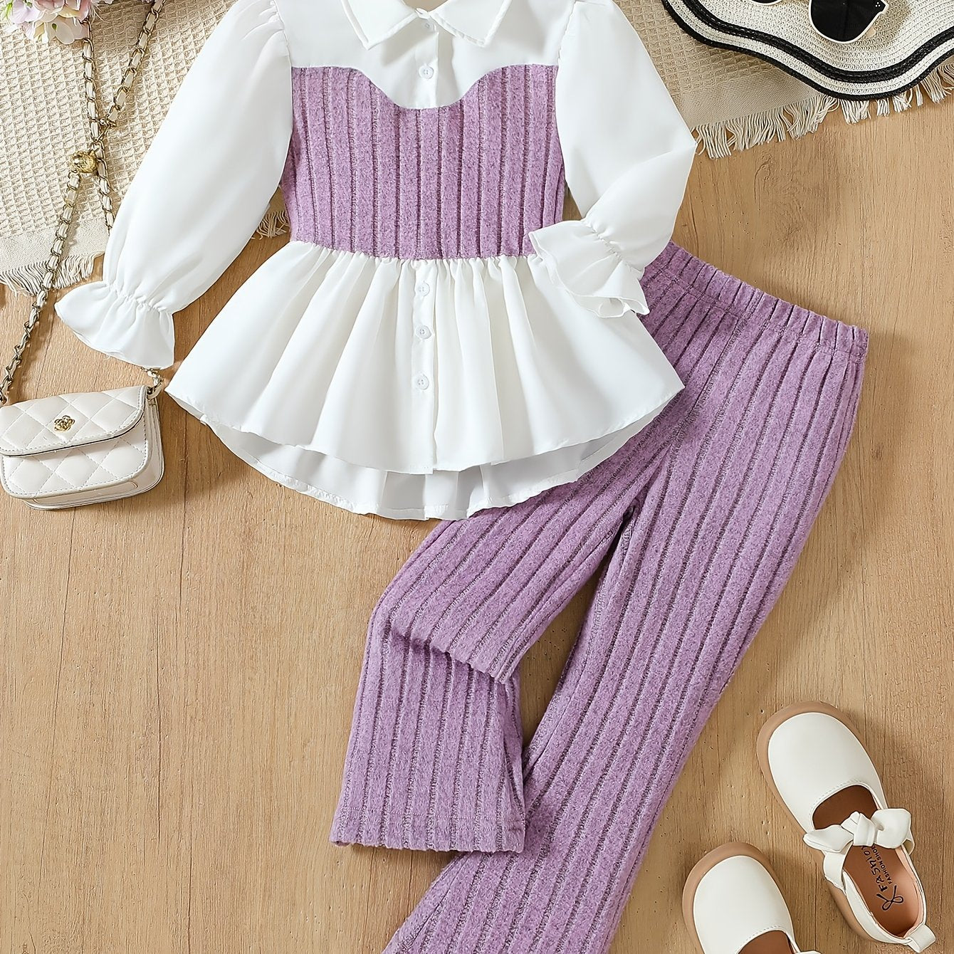 Girls Autumn Two-Piece Set Long Sleeve Collared Shirt and Stretch Pants for Casual and Daily Wear