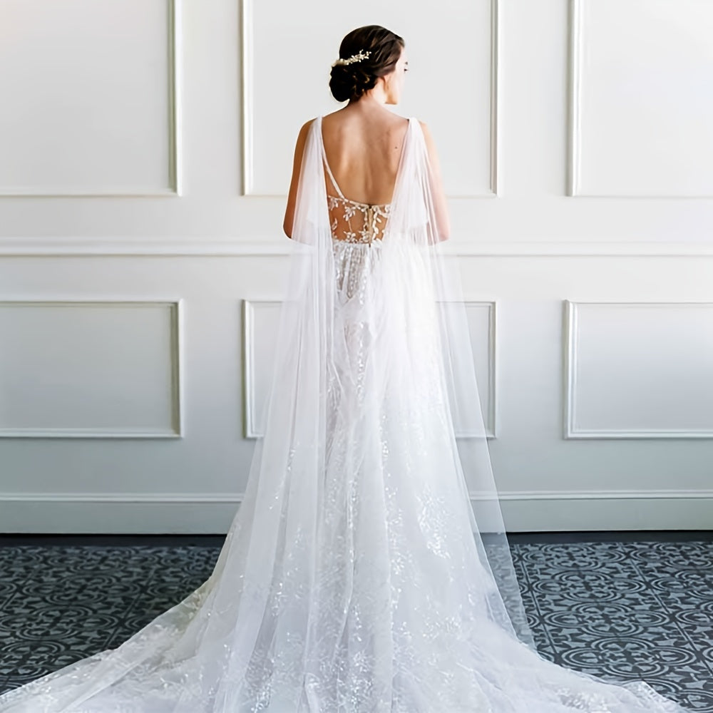 Bridal Wedding Veil Cape Tulle Shawl with Floral Lace Long Sheer Bridal Accessory