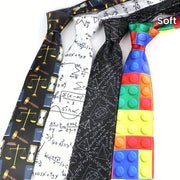 Silk-Like Printed Tie with Airplanes Planets Symbols Musical Notes Footballs for School Work Party