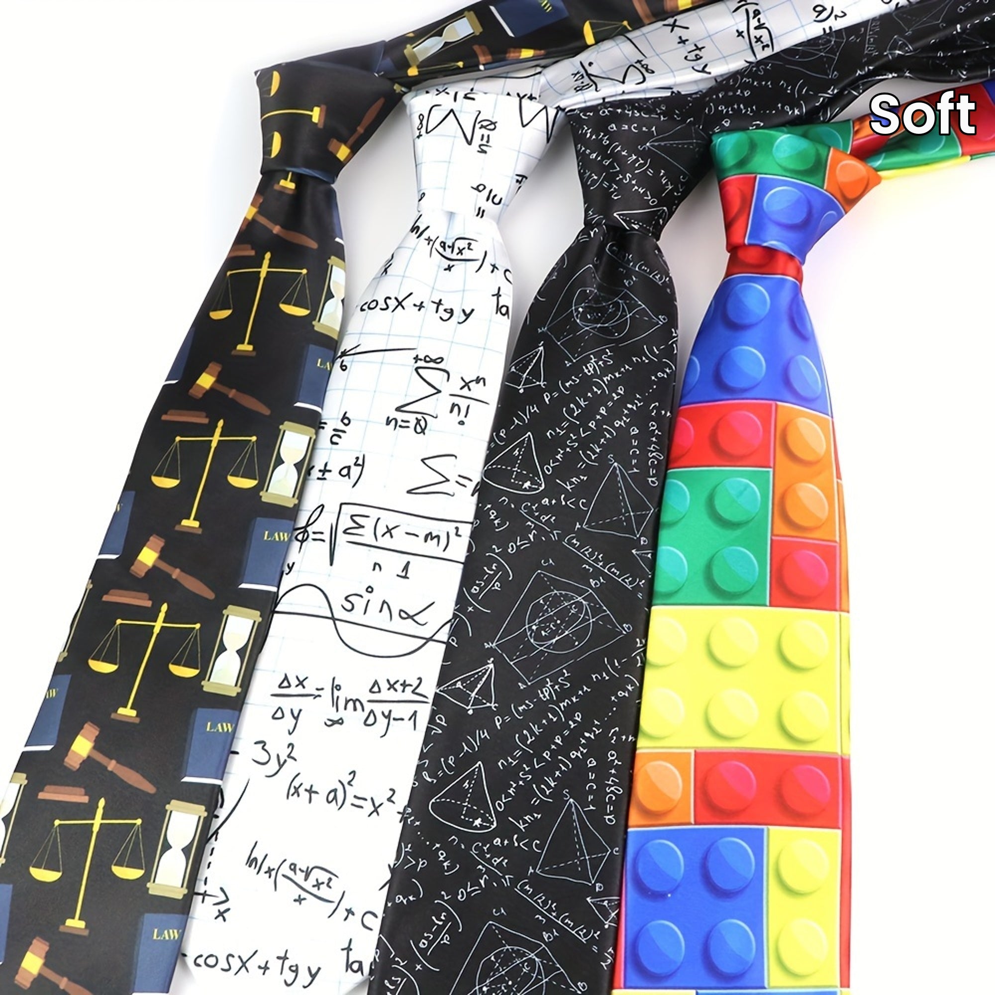 Silk-Like Printed Tie with Airplanes Planets Symbols Musical Notes Footballs for School Work Party