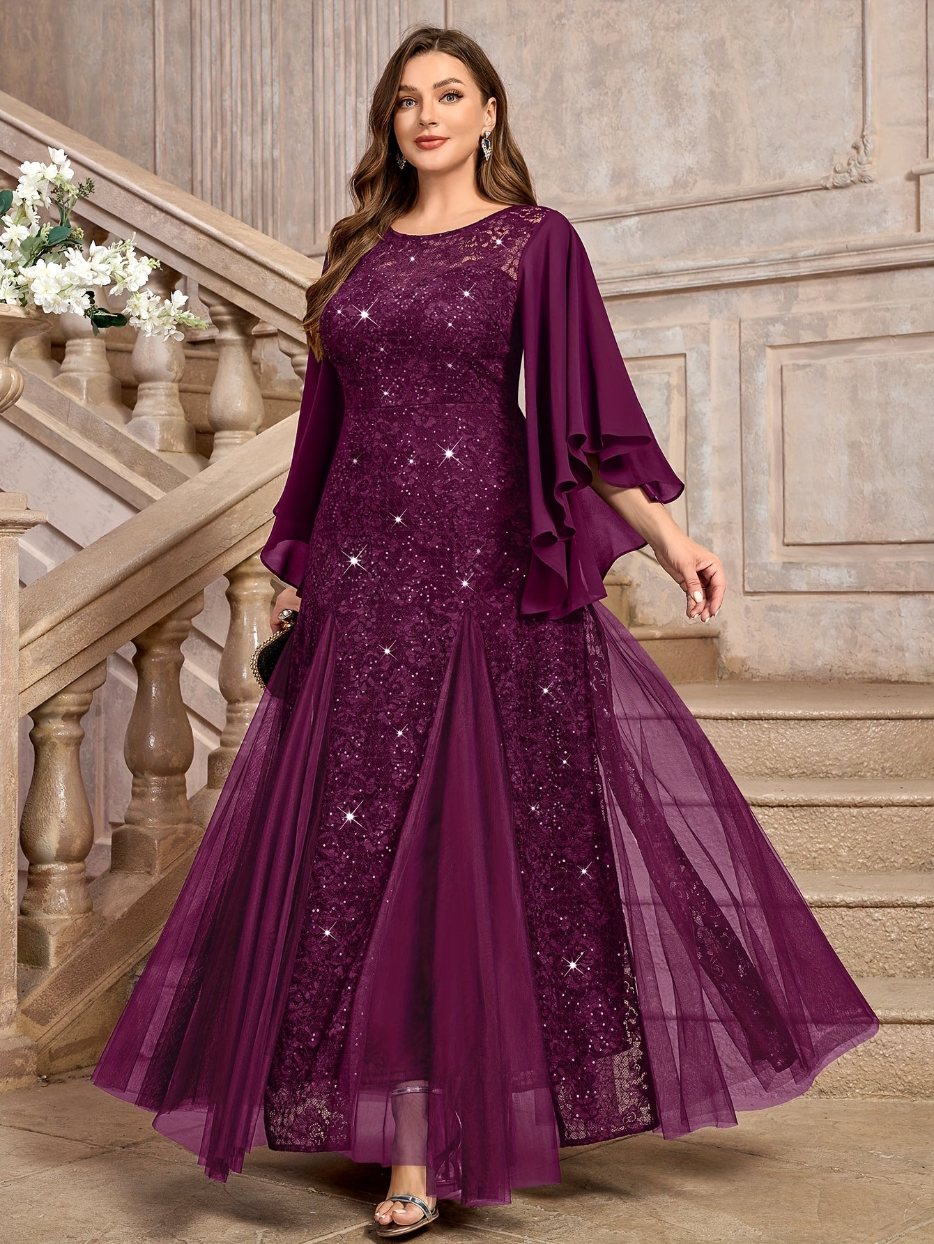 Elegant Floral Mermaid Dress with Butterfly Sleeves Sequin Lace Mesh Evening Gown