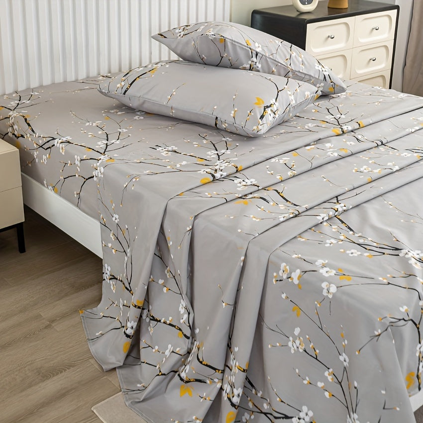Floral Branch Microfiber Fitted Sheet Set with Deep Pockets and Pillowcases
