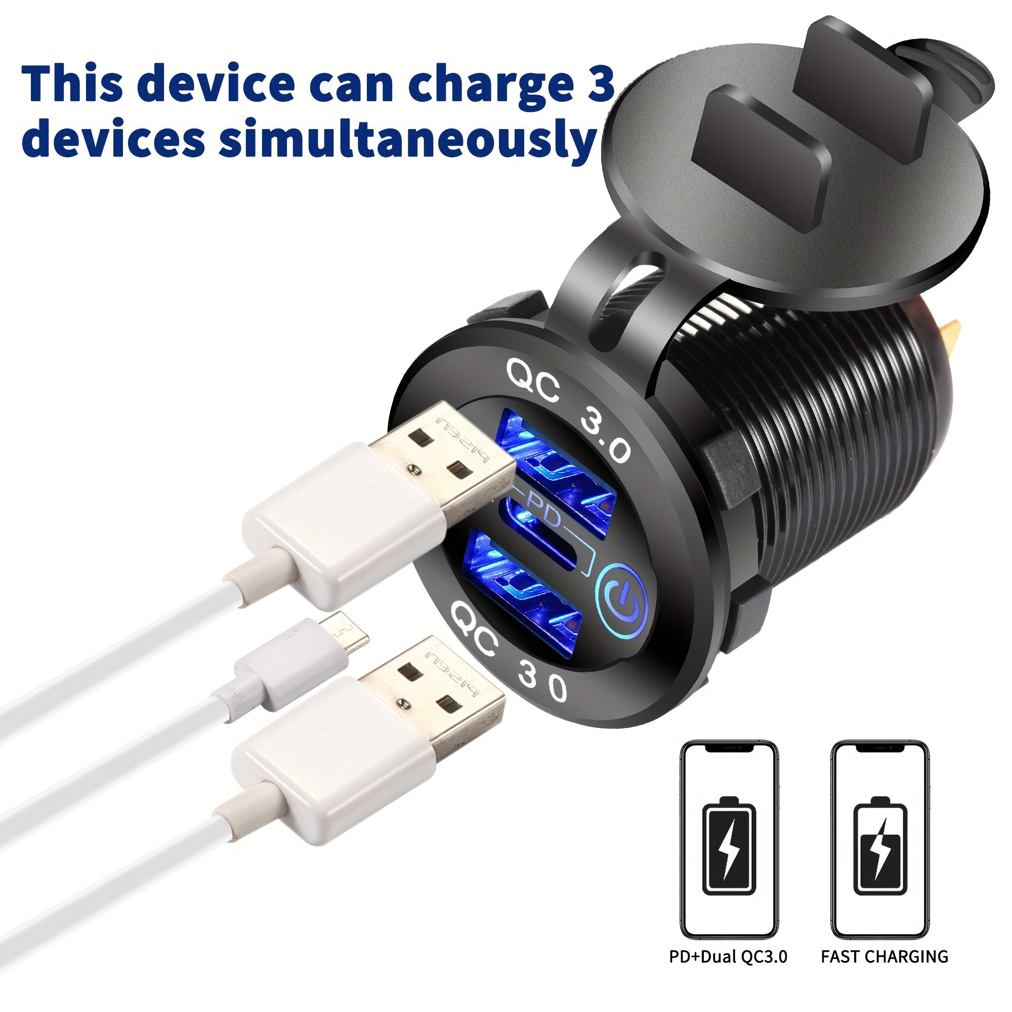 Dual USB Fast Charging Socket PD Type C QC3.0 Car Charger 12V 24V