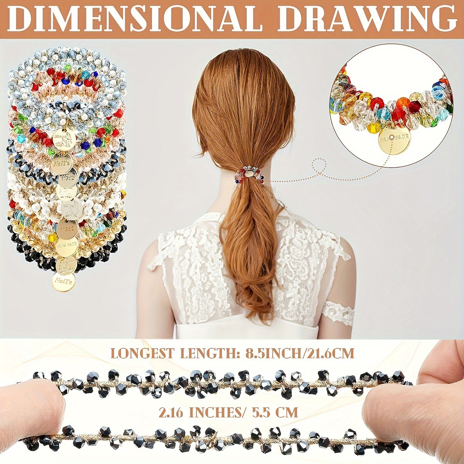 Set of 9 Crystal Beaded Elastic Hair Ties for Ponytails Boho Style Hair Accessories