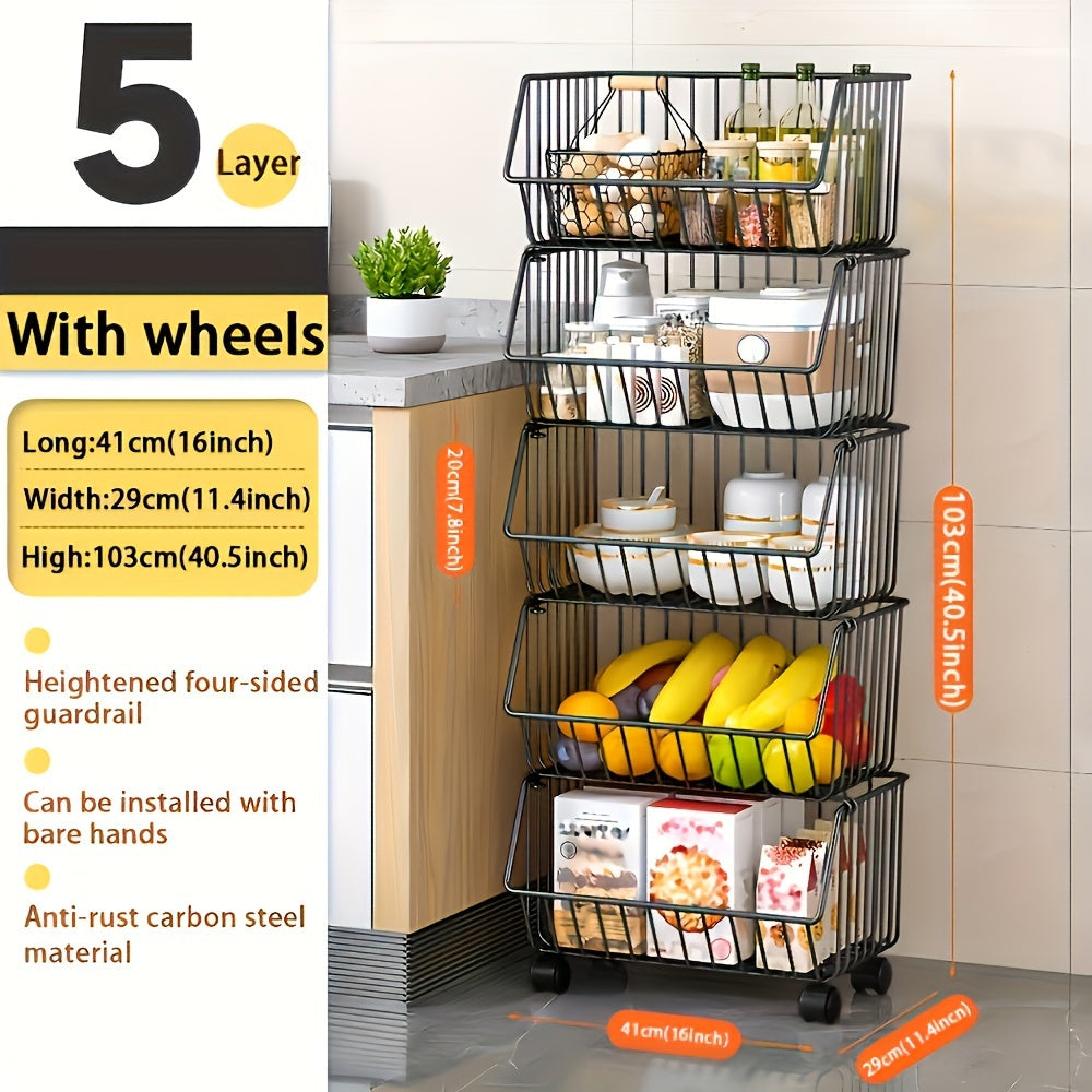 Metal Storage Cart with Wheels Multi-Tier Organizer for Condiments Toiletries Snacks and Fruits