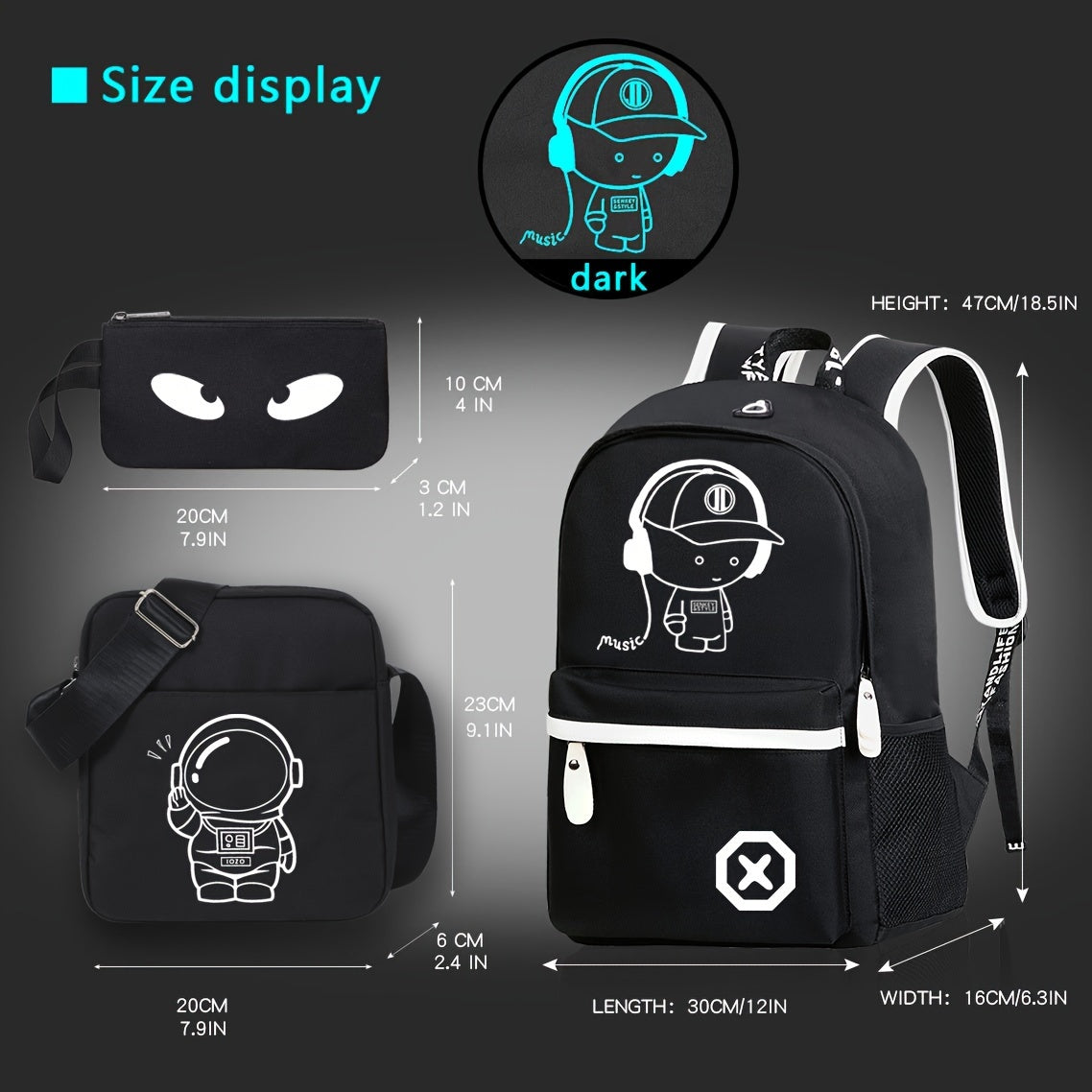 Kundalik erkaklar uchun katta sig'imli 15.6 dyuymli noutbuk uchun backpack to'plami, fluorescent kechki dizayni, sayohat sumkasi, 3 ta qism