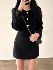 Conjunto de chaqueta y falda de tweed grueso para mujer con cuello redondo y mangas largas