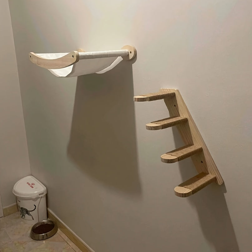 Wall-Mounted Cat Hammock with Climbing Ladder Made of Natural Wood