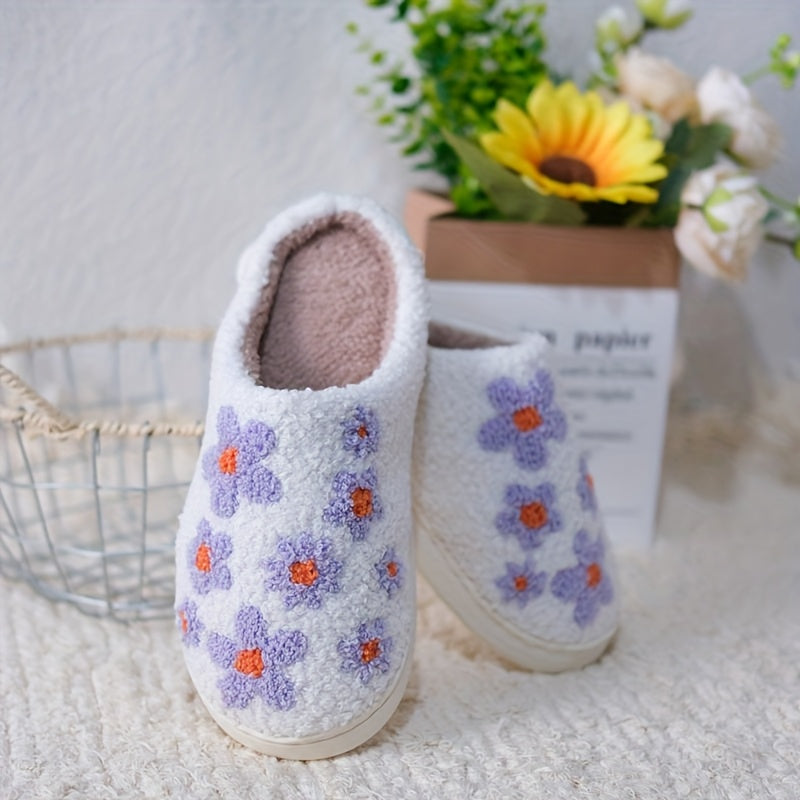 Unisex Plush Lilac Floral Slippers Warm Indoor House Shoes