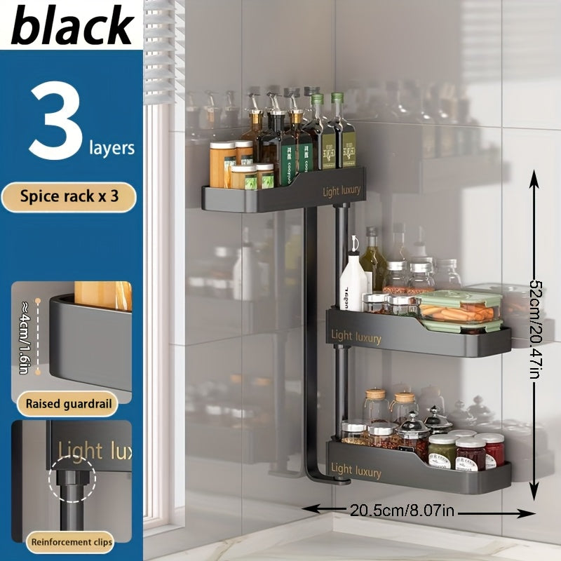 Black Rotating Kitchen Spice Rack Wall Mount Aluminum Organizer for Seasonings and Oils