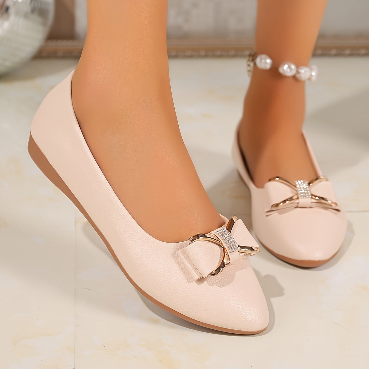 Women's Rhinestone Bow Flats Slip-On Round Toe Lightweight Casual Shoes