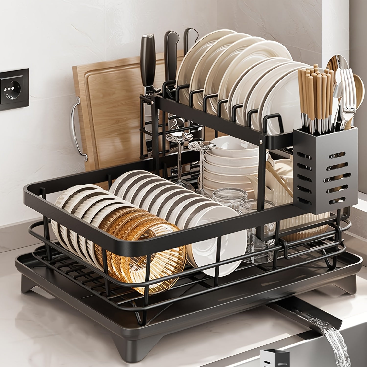 Black Iron 2-Tier Kitchen Dish Rack with Drainboard Utensil Holder and Foldable Design