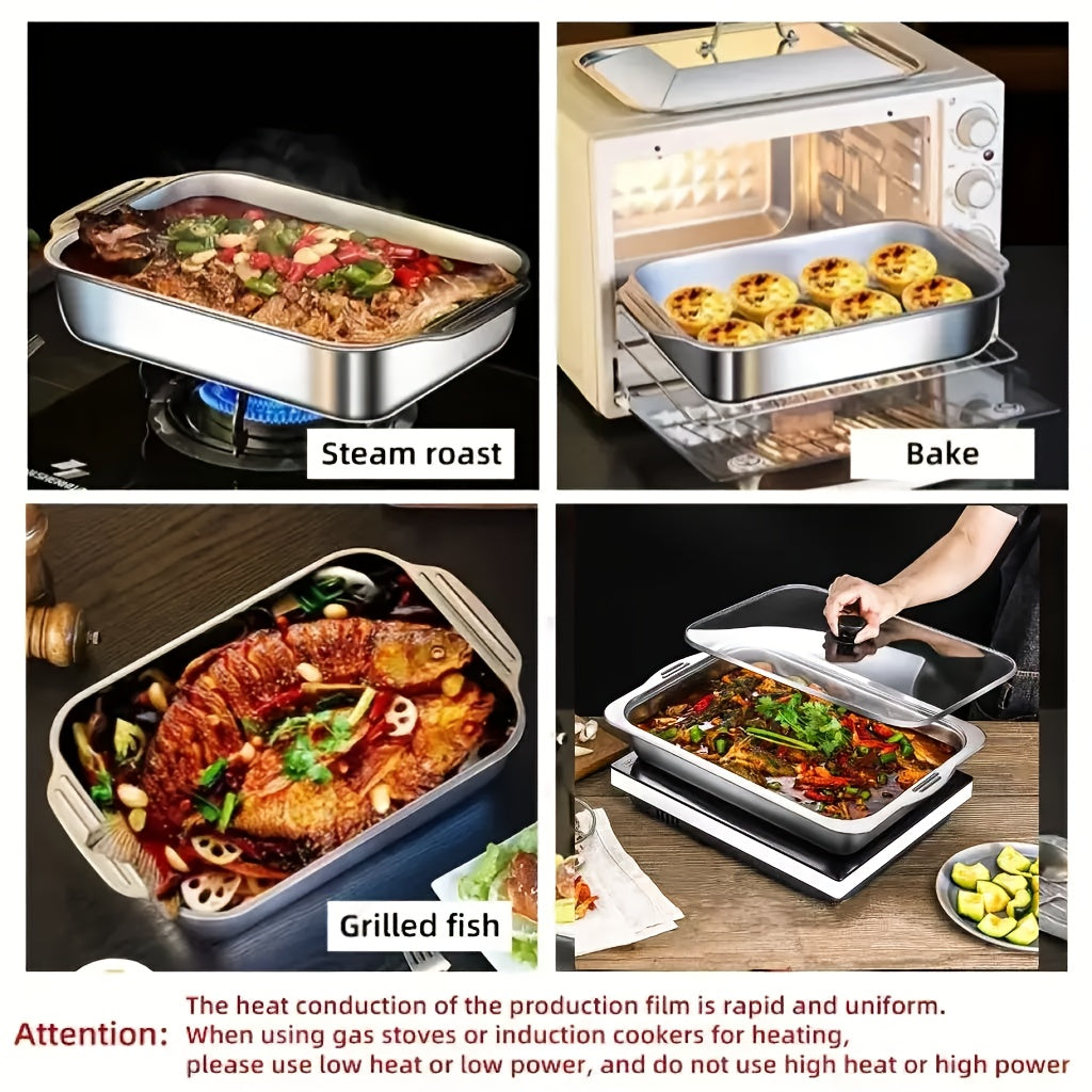 Katta rostlangan po'latdan yasalgan havo frayeri uchun plastinka, shisha qopqog' bilan, grill baliq, dengiz mahsulotlari va qovurilgan taomlar uchun