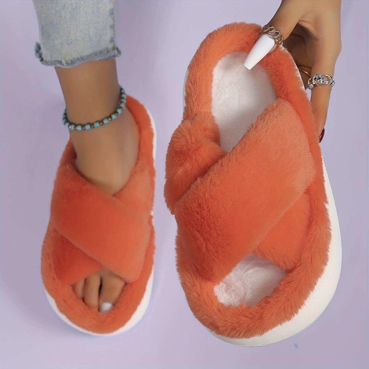 Women's Faux Fur Slippers with EVA Sole Indoor House Shoes