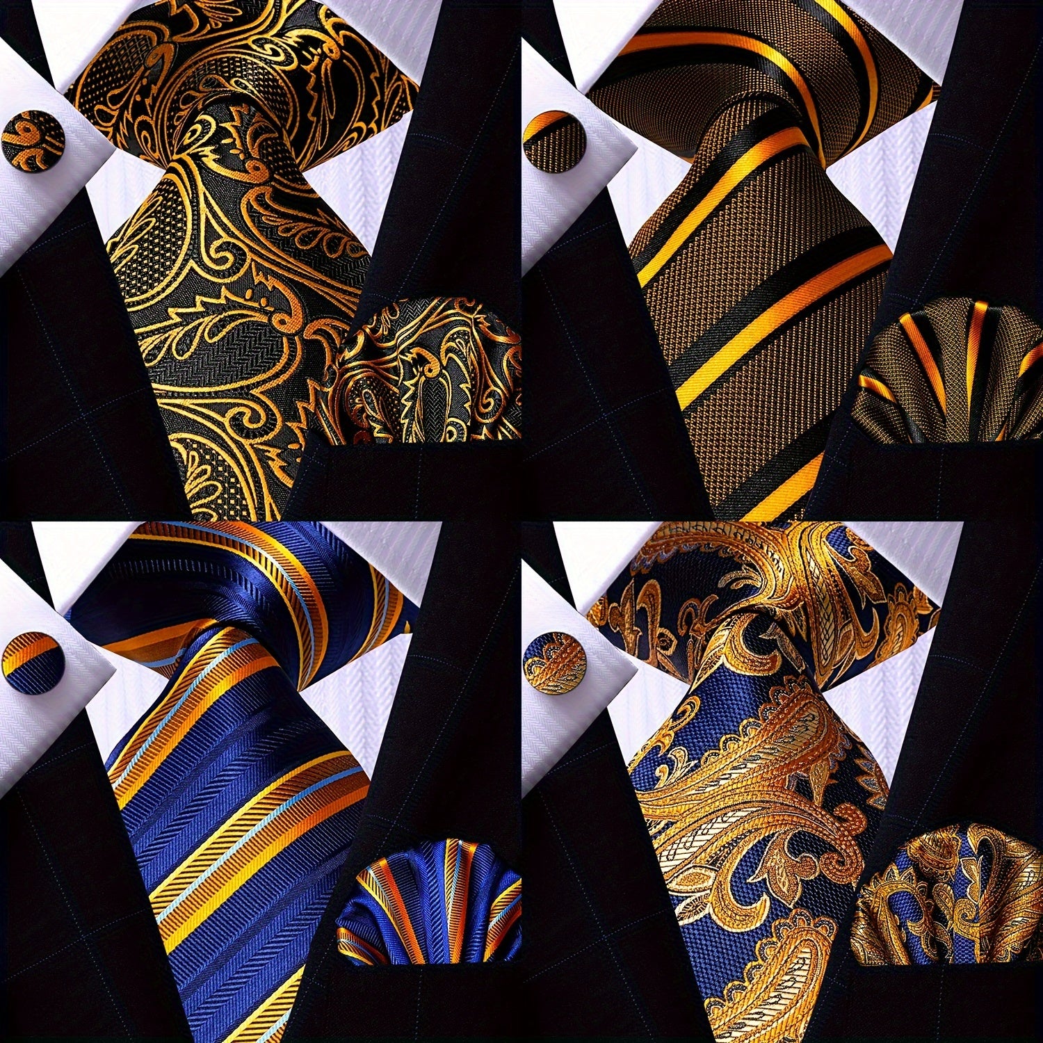 Men's Gold Accessories Set Tie Pocket Square Cufflinks for Weddings Business