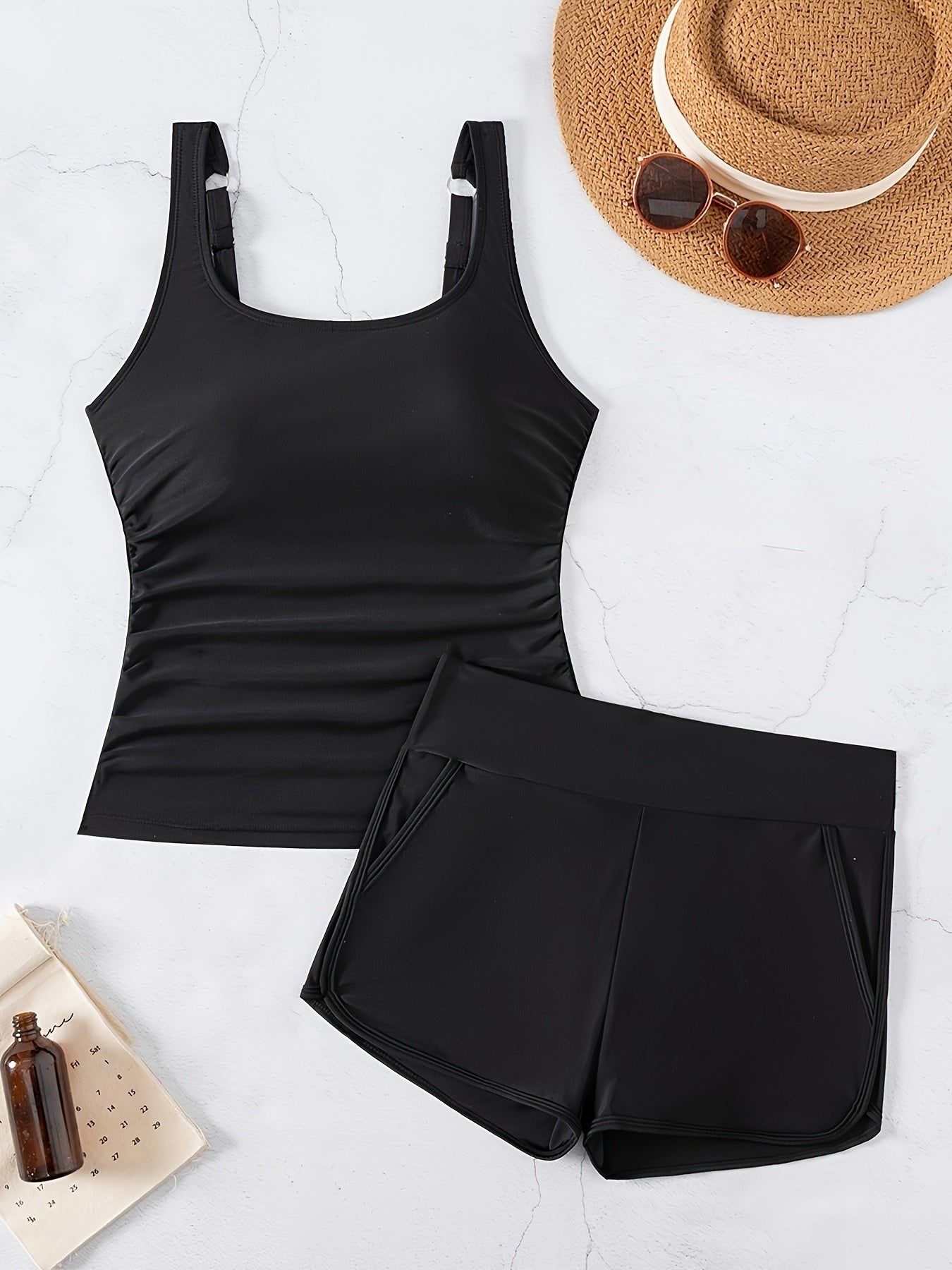 Women's Tankini Swimsuit Set Sleeveless U-Neck High Stretch Solid Color for Pool Beach