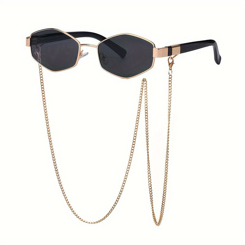 Vintage Hiphop Polygon Metal Glasses with Anti Glare Sun Shades and Chain for Women