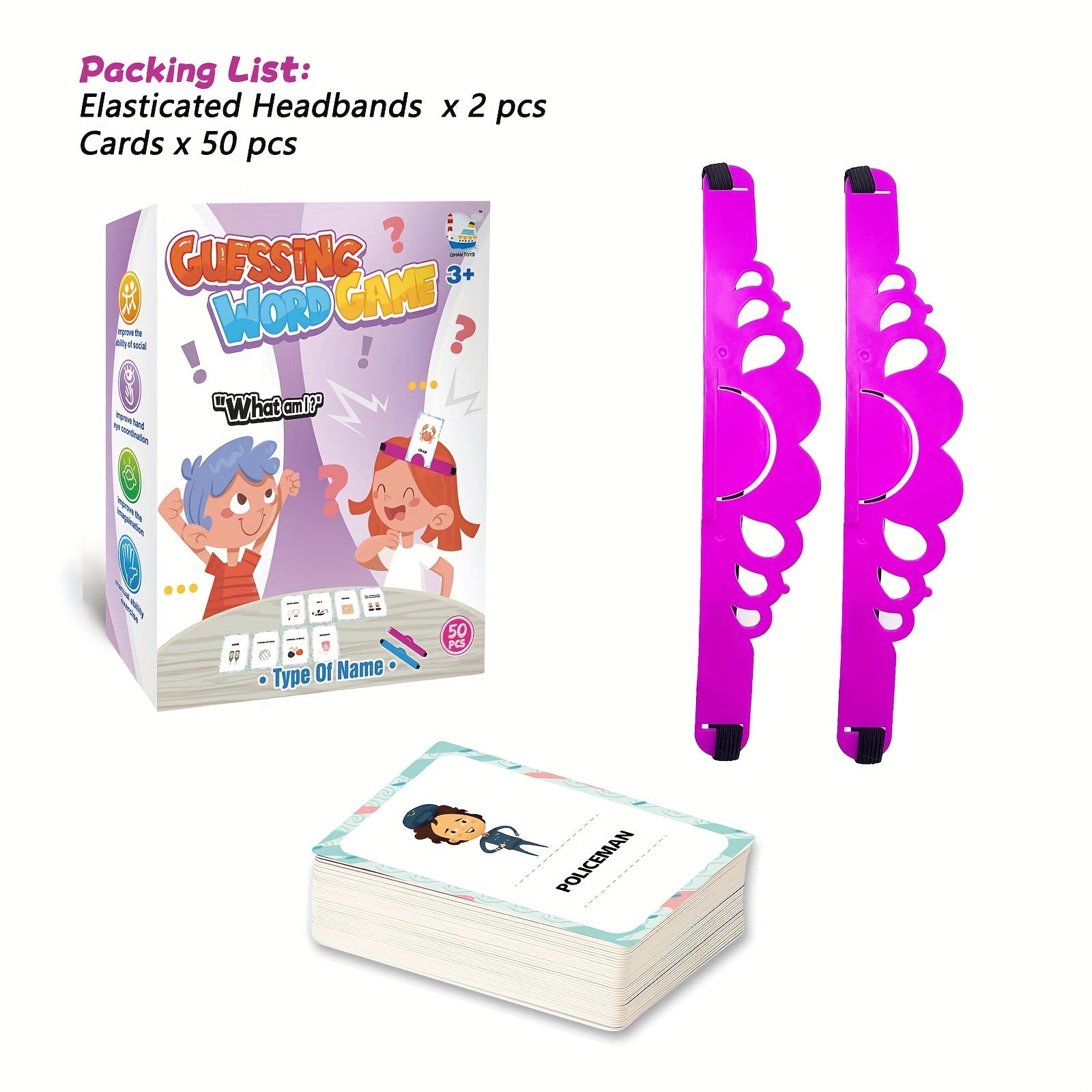 Family Guessing Card Game for Families Includes Headbands and 50 Durable Cards