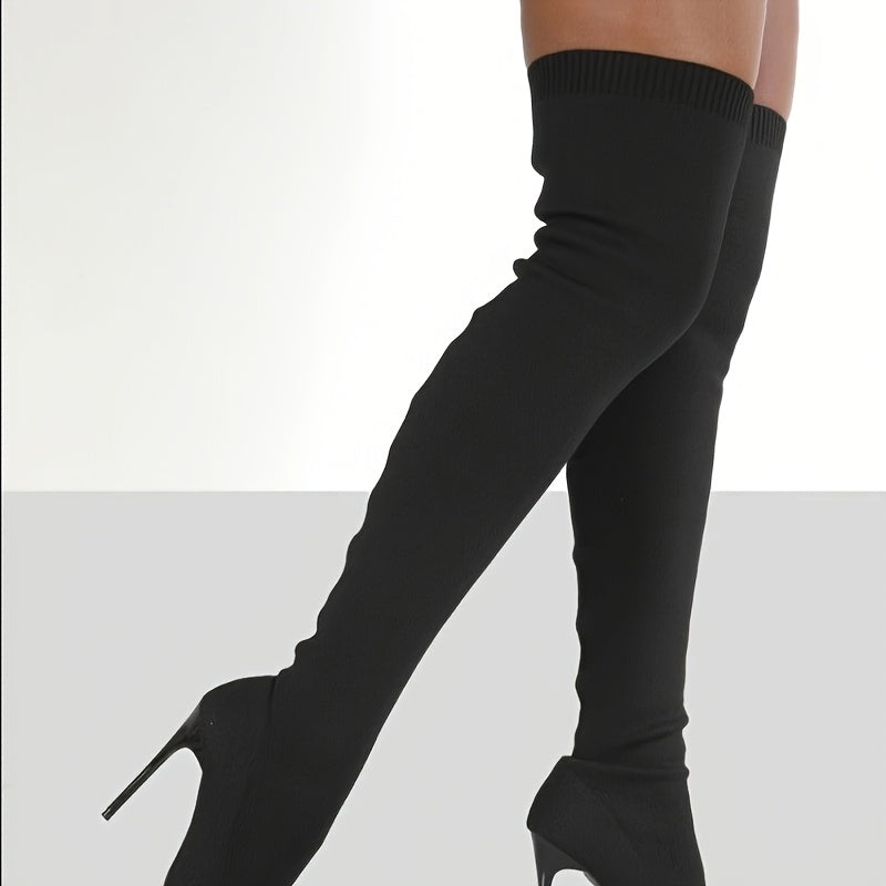 Women’s Over-the-Knee Black Leather Pointed Toe Stiletto Boots