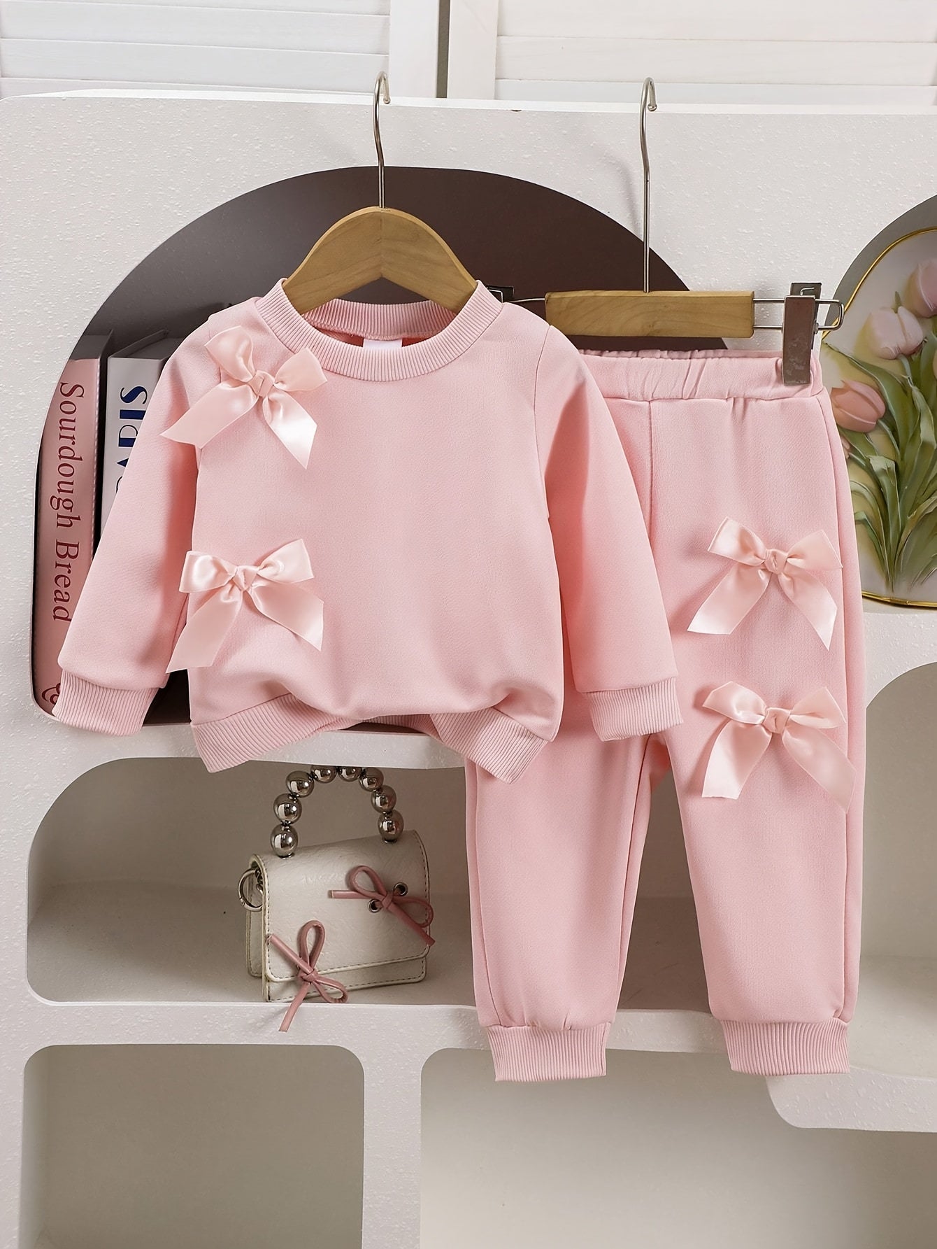 Baby Girls' Pink Sweatshirt and Pants Set with Bows for Spring and Fall