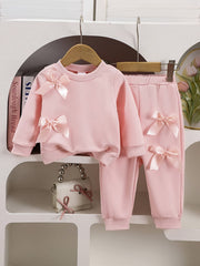 Baby Girls' Pink Sweatshirt and Pants Set with Bows for Spring and Fall