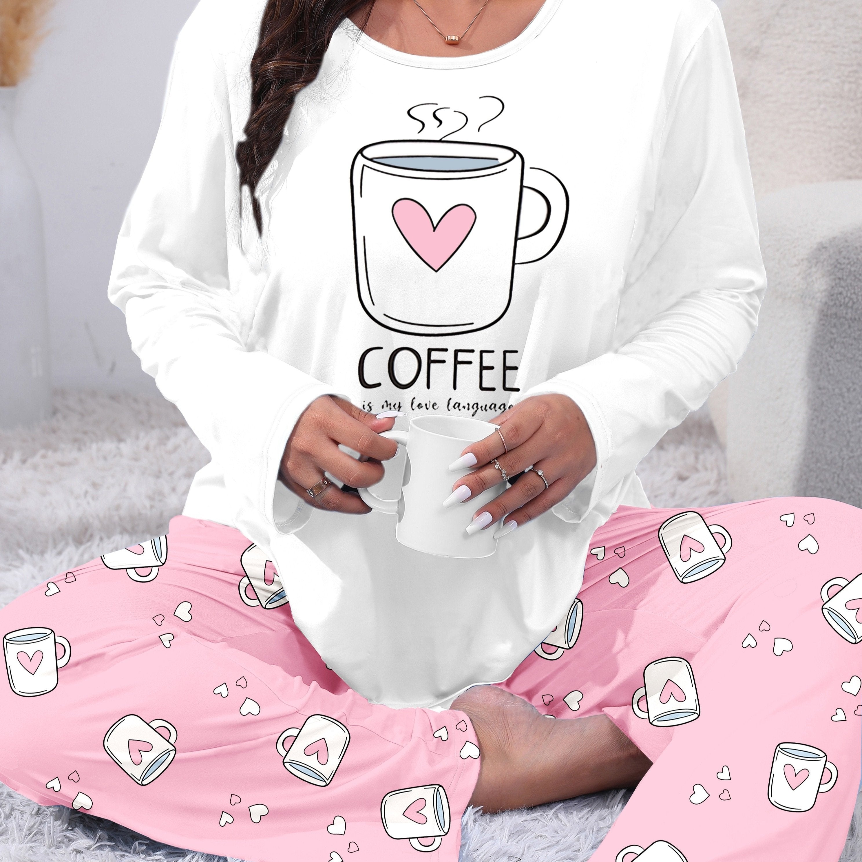 Plus Size Women's Coffee Themed Pajama Set Long Sleeve Pink Heart Coffee Cup