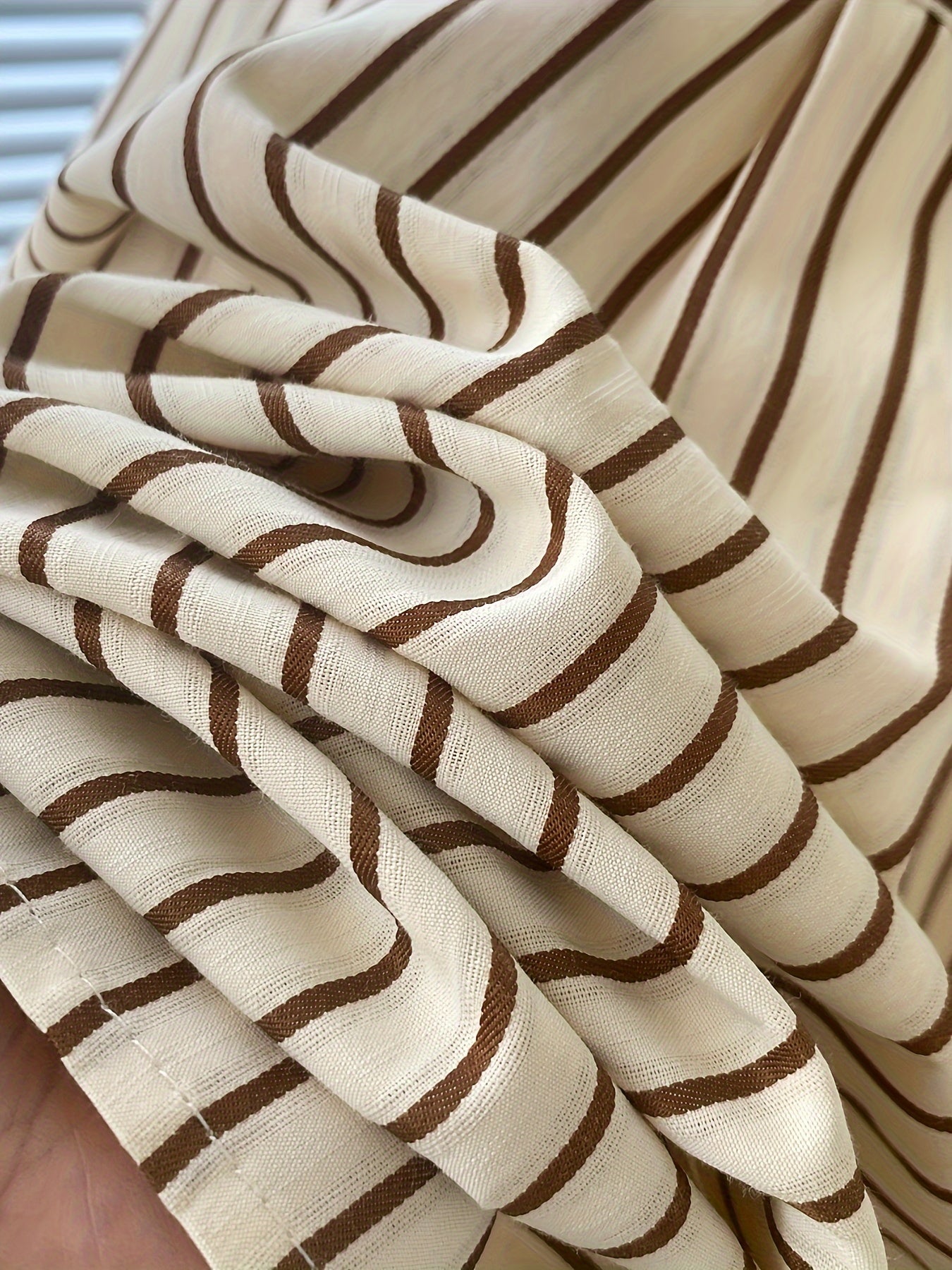 Women's Striped Cotton Blend Blouse with Ruffled Hem and Long Sleeves