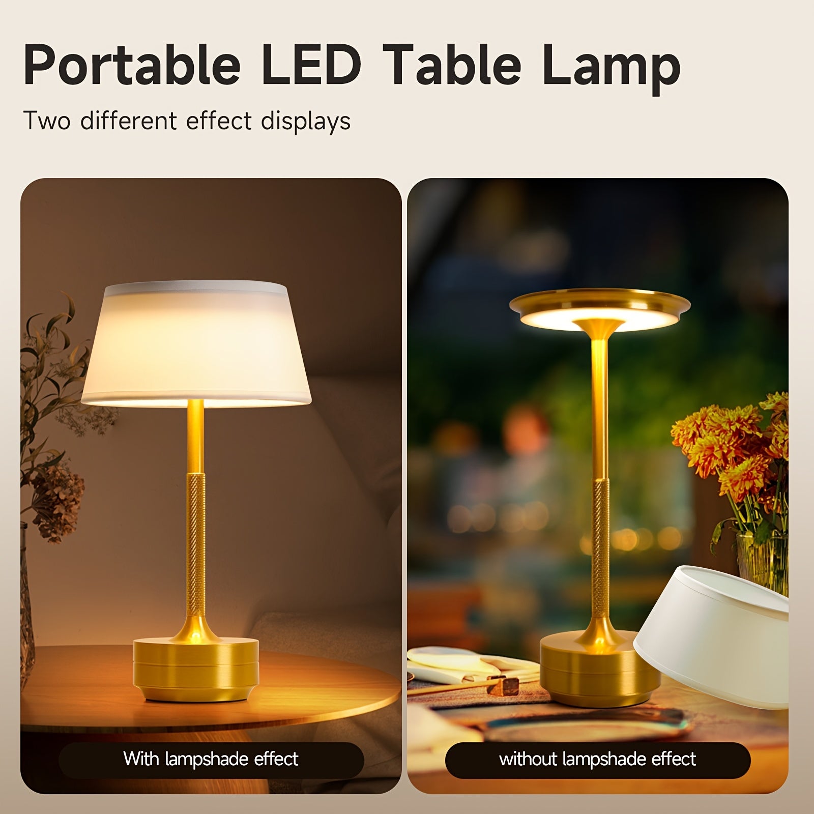 Rechargeable Metal Table Lamp with Touch Control, 3 Color Temperatures, Stepless Dimming, Removable Shade